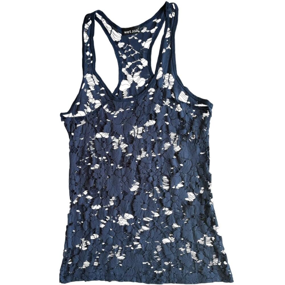 Wet Seal 2000s Y2K Lace‎ Distressed Floral Navy Racerback Tank Sz M Whimsigoth